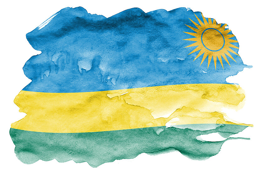 Flag of Rwanda: blue at the top with a yellow sun in the right corner, yellow in the middle and green at the bottom.  (opens enlarged image)