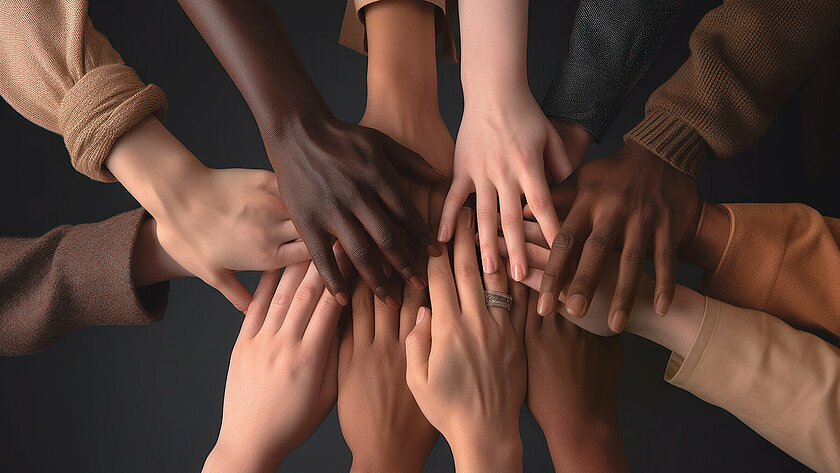 [Translate to English:] Viele Hände verschiedener Ethnien. Vereint für Gleichheit und gegen Diskriminierung.