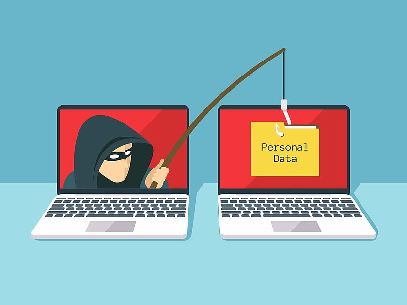 Graphic Phishing: Two laptops stand side by side, from one laptop comes a masked man with a fishing rod and steals personal data from the other laptop. (opens enlarged image)